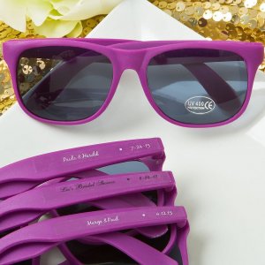 Purple frame sunglasses personalized with custom printed clear stickers